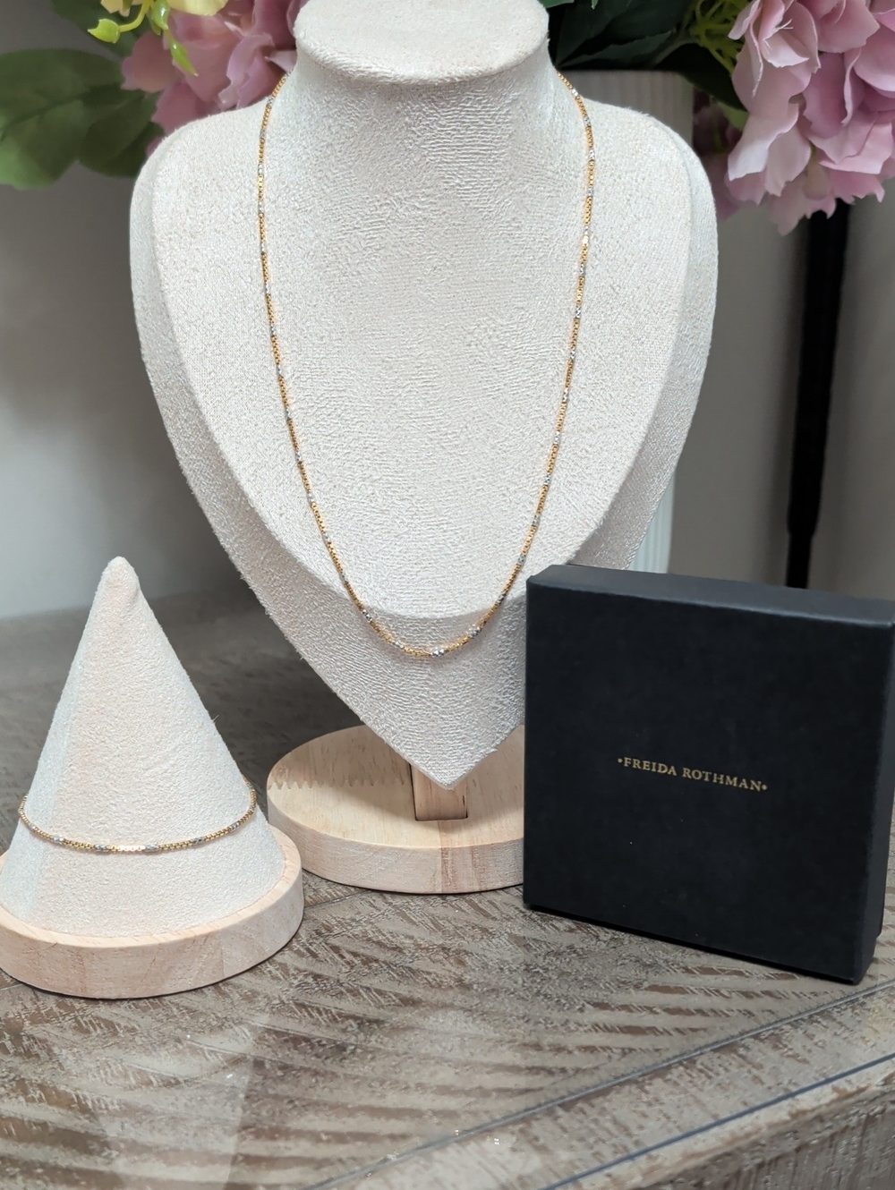Freida Rothman Vault Two Tone Box Link Necklace And Bracelet Set NWOT